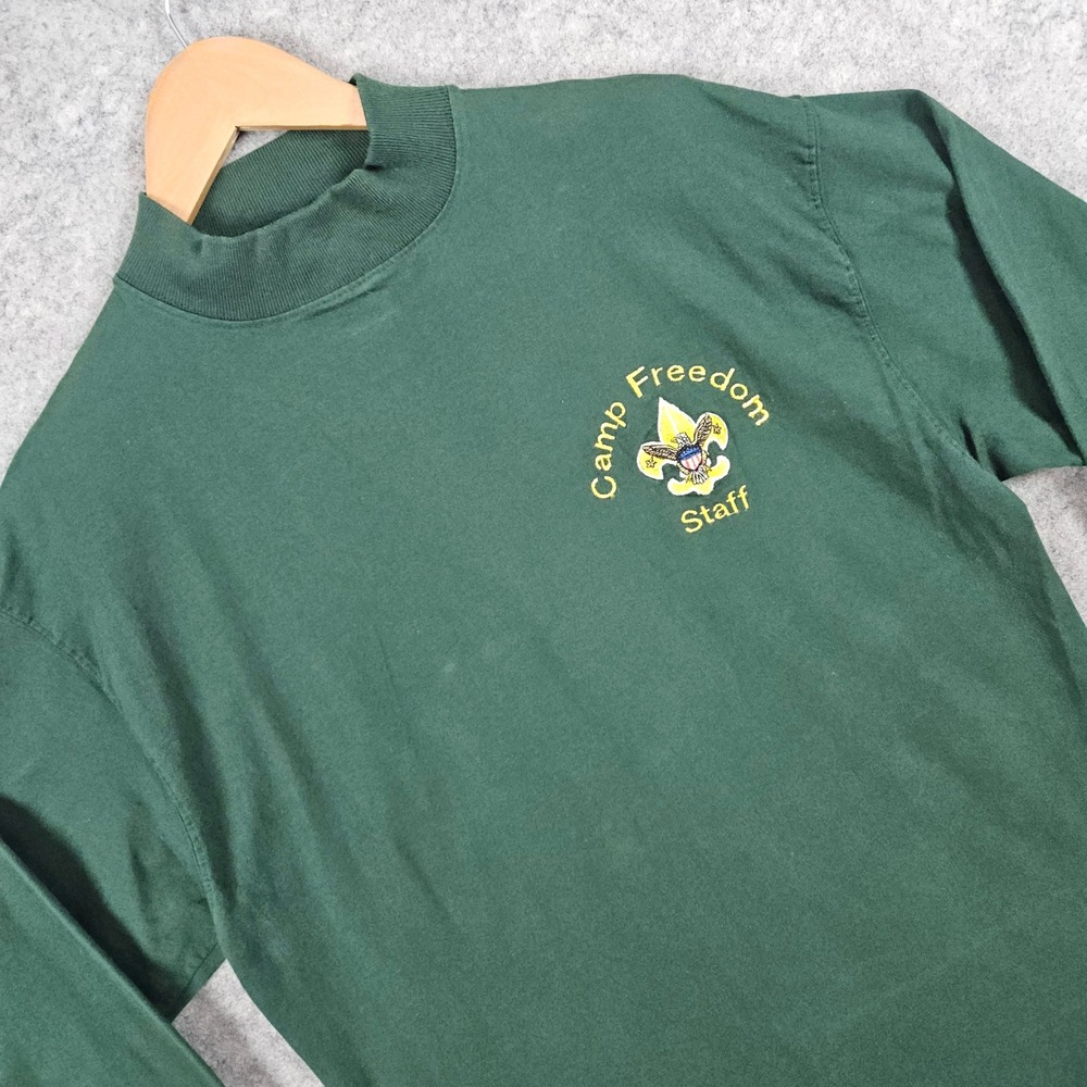 Vtg Camp Freedom Staff Embroidered Long Sleeve Shirt Mock Neck Green Size L FLAW